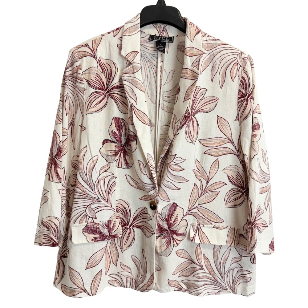 NYCC New York Clothing Co Linen Blend Floral Blazer XL Jacket Cream Burgundy